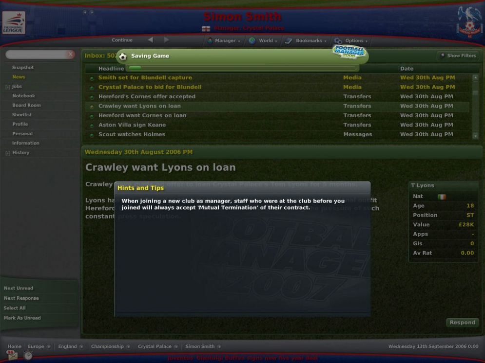 Screenshot ze hry Football Manager 2007 - Recenze-her.cz